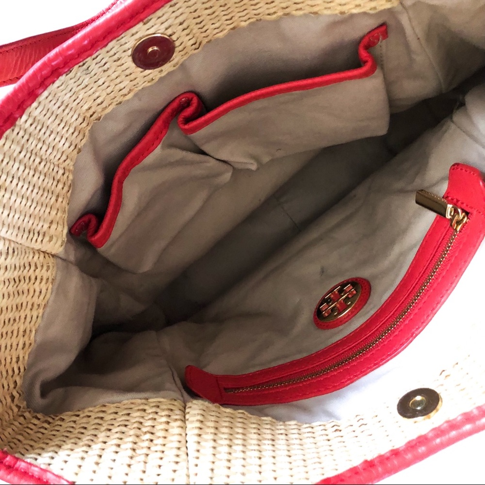 {TORY BURCH} Woven Straw Orange Leather Tote - Picture 4 of 5